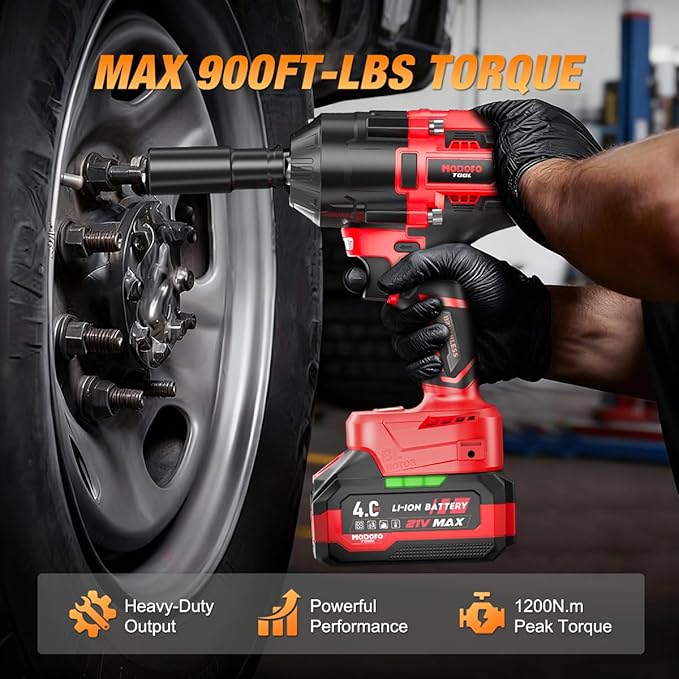 1200N.m (900ft-lbs) Cordless Impact Wrench, 1/2 High Torque Brushless Impact Drill with 3000RPM Power, 2 x 4.0Ah Batteries, Fast Charger, Variable Speeds for Car/Truck RV/Mower (Red)