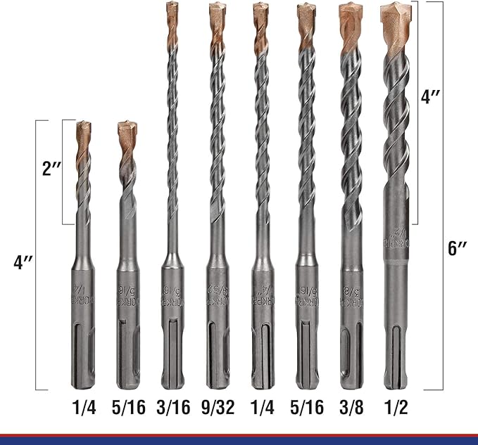 WORKPRO 8-Piece SDS-Plus Drill Bit Set, Carbide Tip, SDS+ Rotary Hammer Drill Bit Set with Storage Case for Brick, Cement, Stone & Concrete