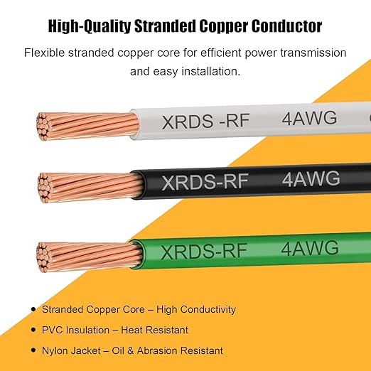 XRDS -RF 4AWG THHN Wire, 10FT Black Stranded Copper Electrical Wire, Nylon Jacket, 600V Rated, Heat & Abrasion Resistant THHN/THWN-2 Cable for Household, Automotive, Solar, RV, Inverter