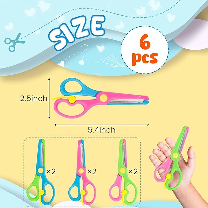 LOVESTOWN Kids Craft Scissors, 6PCS Blunt Tip Safety Scissors Stocking Stuffer for Toddler, Anti-Pinch Design for Child Hand-Eye Coordination Development, Art Craft Scrapbooking Supplies