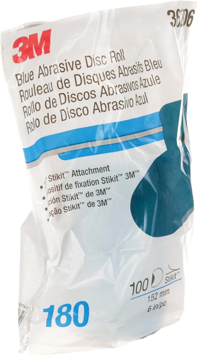 3M Stikit Blue Abrasive Disc Roll, 36206, No Hole, 6 in, 180+ Grade, Pack of 100, Automotive Sanding Discs for Coating Removal, Body Repair, Auto Sanding, Primer Sanding