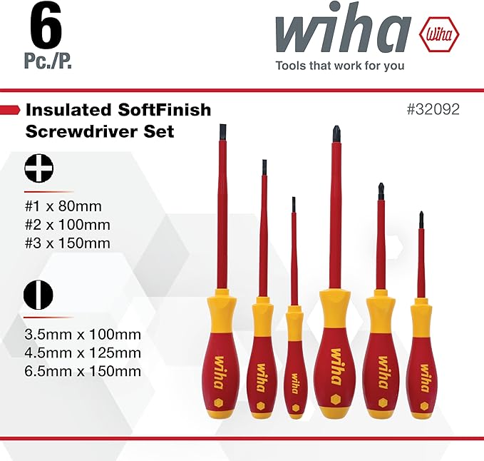 Wiha 32092 Slotted and Phillips Insulated Screwdriver Set, 1000 Volt, 5-Piece