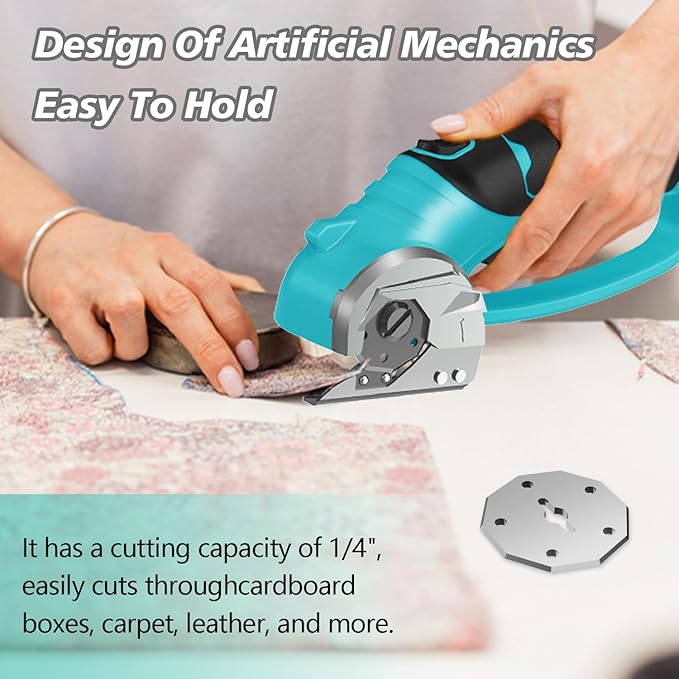 Cordless Electric Scissors, 4V Rechargeable Box Cutter & Cardboard Cutter with Titanium Blade, LED Light, Safety Lock - Rotary Cutter for Fabric, Leather, Carpet, Plastic, Crafting, Sewing(Turquoise)