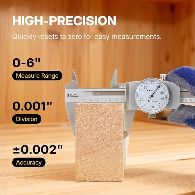 BLACK CANYON 6" Dial Caliper, 6 Inches Measurement, Caliper Measuring Tool, 0.001 inch fine Graduation, 4-Way Measurements, Hardened 4R13 Stainless Steel, Ideal for DIY/Household