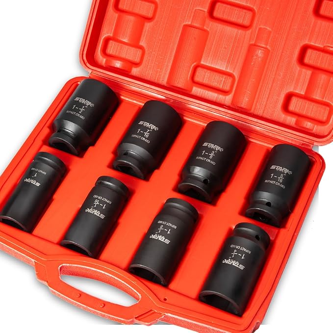 Stark USA 9 Pieces 3/4" Drive Deep Impact Jumbo Assortment Socket Set Cr-V Socket Set SAE 6-Point Flank Sockets (1" inch to 1-1/2" inch)