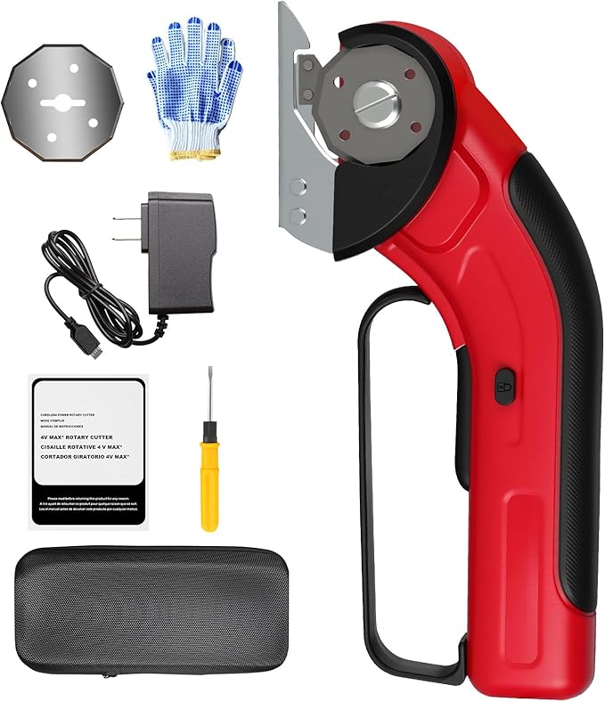 Cordless Electric Scissors Rechargeable with 2-Blade & Storage Bag, Powerful Rotary Cardboard Box Cutter 3.7V 2000mAh for Cloth Carpet Plastic Leather, Charging Cable(Red)