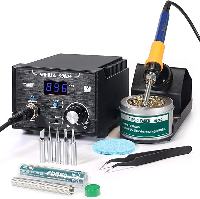 YIHUA 939D+ Digital Soldering Station, 75W Equivalent with Precision Heat Control (392째F to 896째F) and Built-in Transformer. ESD Safe, Lead Free with 째C/째F display (Black)
