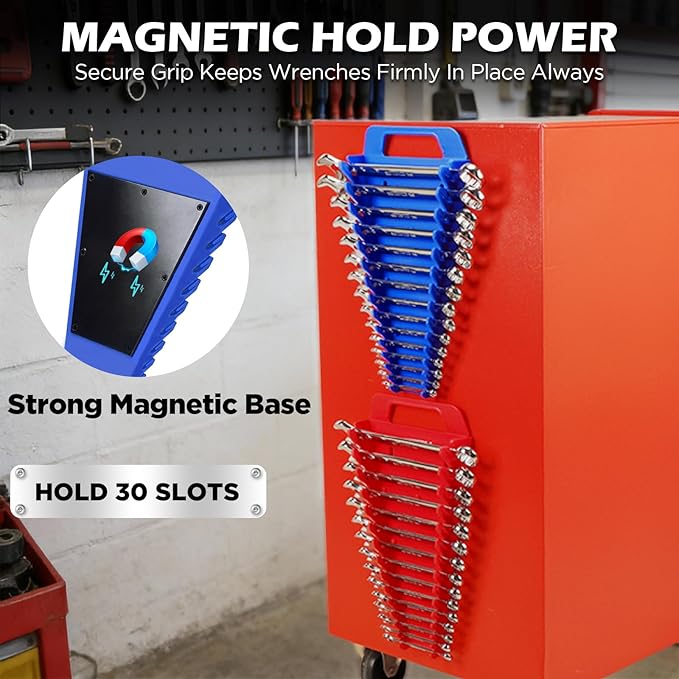 SEDY 2-Pack Magnetic Wrench Organizer with Non-Slip Handle, 24-Slot Heavy-Duty Wrench Rack Holders for Toolbox & Drawer Storage, Fits SAE 1/4"-1-1/16" and Metric 6mm-24mm Wrenches