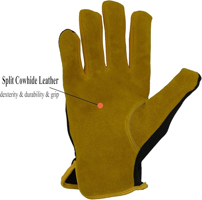 HANDLANDY Men Leather Gardening Gloves, Utility Work Gloves for Mechanics, Construction, Driver