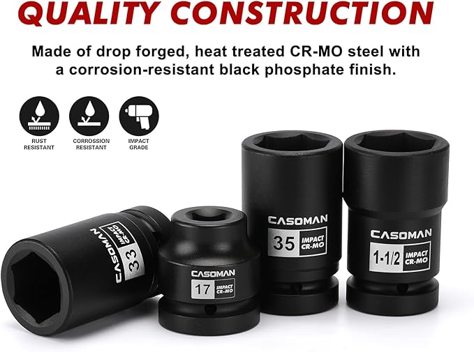 CASOMAN 8-Piece 1-Inch Drive Impact Socket Set, Metric & SAE, Truck Socket Wheel Service Impact Socket Set, 6-Point/Square Design, CR-MO