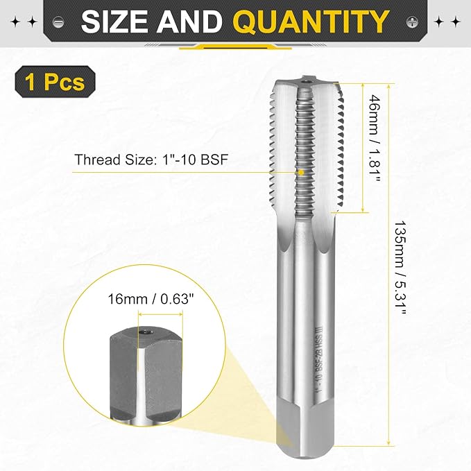 uxcell Hand Bottom Tap 1"-10 BSF 2B Thread Bottoming Style Threading Taps High Speed Steel HSS6542 Straight Flutes Screw Tapping Tool