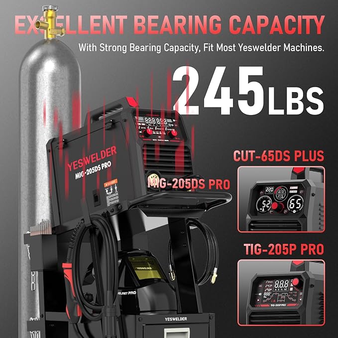 YESWELDER Welding Cart竊?-Tier with 2 Drawers for MIG Welder TIG Welder and Plasma Cutter, Tank Storage Safety Chains, Heavy Duty Large Storage 360째 Swivel Wheels Welding Trolley