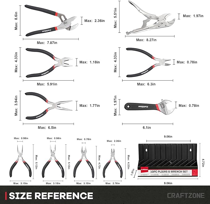 10PC Pliers and Wrench Set with Storage Rack ??Includes Locking | Long Nose | Diagonal Cutter | Groove Joint | Linesman & Mini Plier, Carbon Steel Tool Kit for DIY and Home a Gift for Man