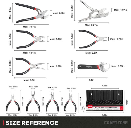 10PC Pliers and Wrench Set with Storage Rack ??Includes Locking | Long Nose | Diagonal Cutter | Groove Joint | Linesman & Mini Plier, Carbon Steel Tool Kit for DIY and Home a Gift for Man