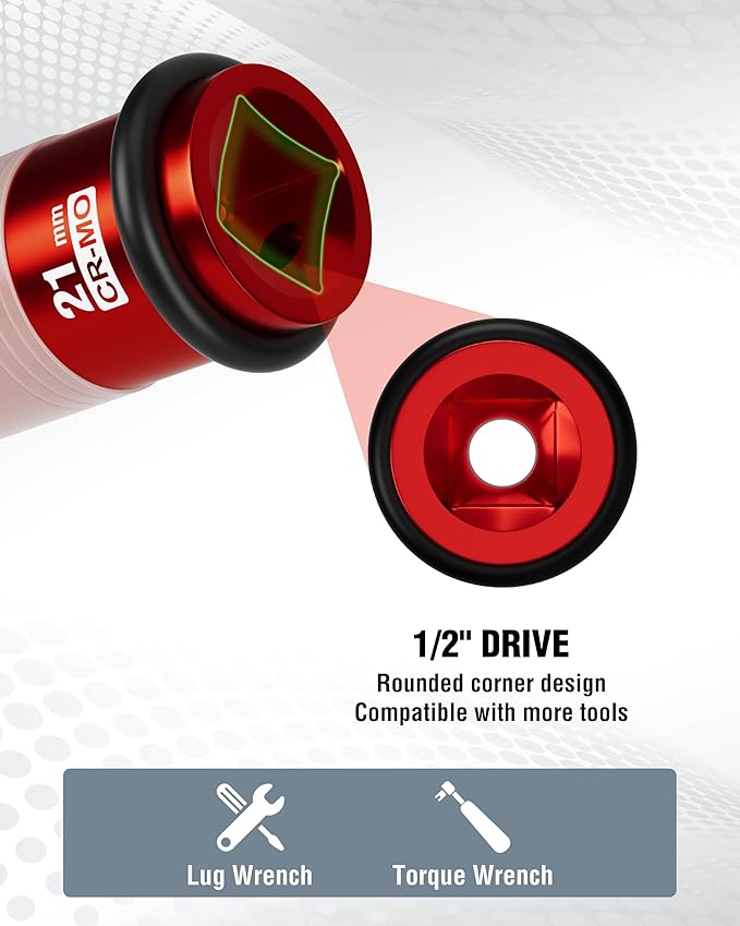 WORKPRO 1/2" Drive Lug Nut Impact Duty Socket, 21mm Deep Thin Wall Socket, Made of Premium Cr-Mo Steel, Non-Marring Lug Nut Wheel Sockets for Car