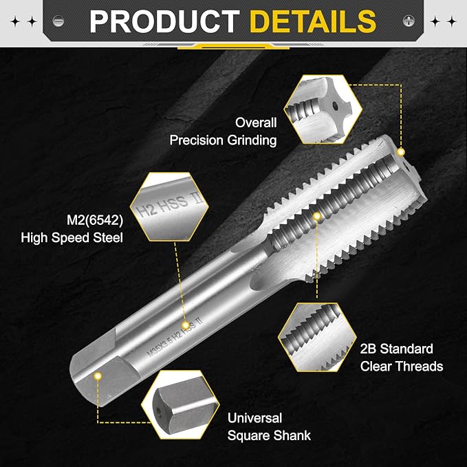 uxcell Hand Plug Tap M35 x 3.5 H2 Metric Thread Plug Style Taps Straight Flute Screw Tapping Threading Tool High Speed Steel HSS6542