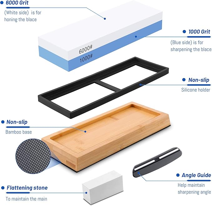 Premium Whetstone Knife Sharpening Stone Kit,2 Side Grit 1000/6000 Whetstone Sharpener,Honing Sharpening Stone Set with NonSlip Bamboo Base & Angle Guide