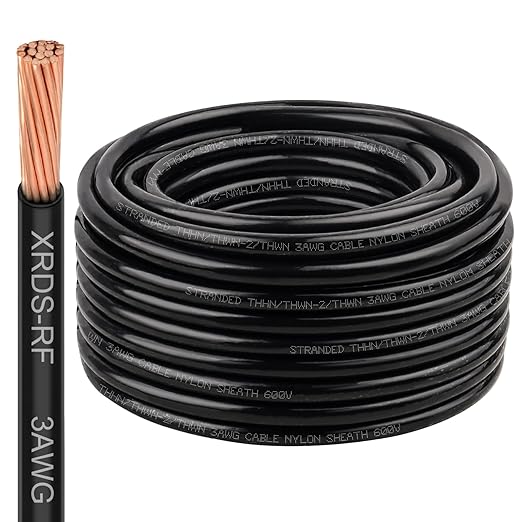 XRDS -RF THHN Wire 100FT, 3AWG Stranded Copper THHN Electrical Wire, Black Nylon-Coated Thermoplastic Insulated Cable for Indoor Conduit Wiring, 600V Rated
