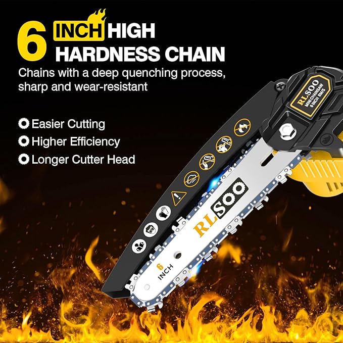 Mini Chainsaw Cordless, RLSOO 6 Inch Electric Chain Saw, Portable Small Handheld Chain Trimmer for Wood Cutting, Tree Trimming, Courtyard, Household, and Garden (Includes 2 Batteries and 3 Chains)