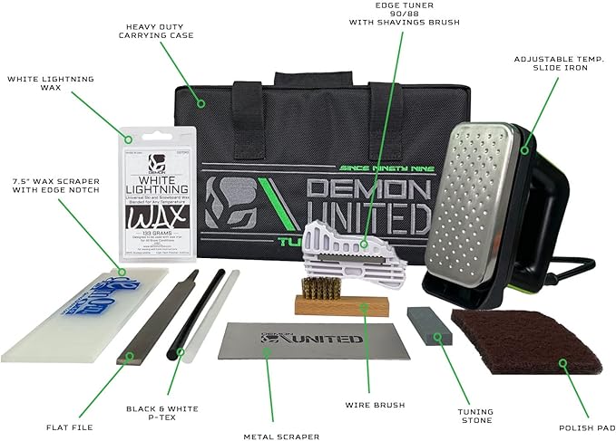 Demon Complete Basic Tune Kit with Wax- Everything Needed to do a Basic Tune and Wax for Your Skis and Snowboard - Includes 1 LB Hyper Ski and Snowboard Wax and 3 piece Brush Kit