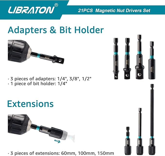 Libraton 21PCS Magnetic Nut Driver Set, Impact Drill Driver Bit Set 1/4", Metric and SAE Nut Driver, Impact Socket Adapters, Bit Holder, Quick-Release Extensions with Storage Bag