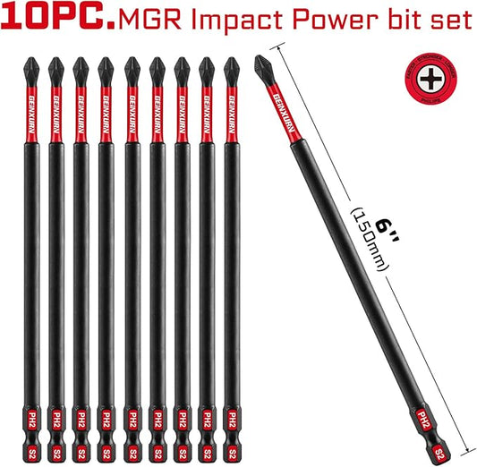 10Pieces Magnetic #2 Phillips 6 in. Hex Anti-Slip Screwdriver Bits, 1/4 Inch Hex Shank Long Impact Tough PH2 Cross Screwdriver Bits Set