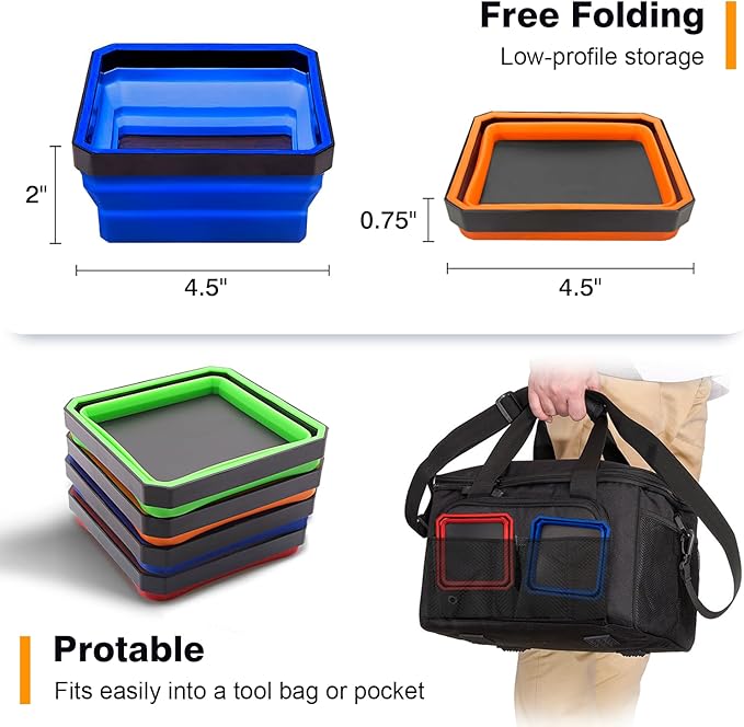 Collapsible Magnetic Parts Tray Set, 4 Pack Foldable Silicone Magnetic Tool Trays for Bolts Screws Nuts & Small Metal Parts, 4.5??Upgraded Square Silicone Bowls with Dual-Sided Magnetic Base