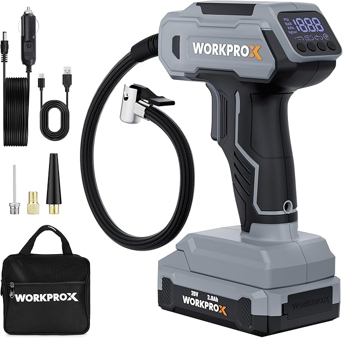 WORKPROX Tire Inflator Portable Air Compressor, 150 PSI Cordless Car Tire Pump with Digital Pressure Gauge, Fast Inflation, Rechargeable Battery & 12V DC Power, for Cars, Motorcycles, Bikes, Balls