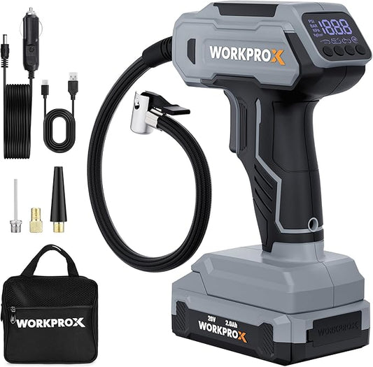 WORKPROX Tire Inflator Portable Air Compressor, 150 PSI Cordless Car Tire Pump with Digital Pressure Gauge, Fast Inflation, Rechargeable Battery & 12V DC Power, for Cars, Motorcycles, Bikes, Balls