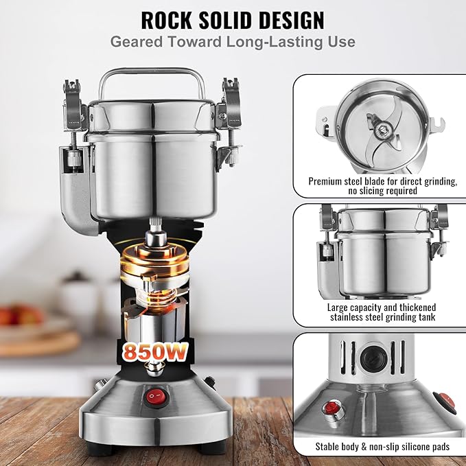 VEVOR 150g Electric Grain Mill Grinder, High Speed 850W Commercial Spice Grinders, Stainless Steel Pulverizer Powder Machine, for Dry Grains Spices Cereals Coffee Corn Pepper, Straight Type