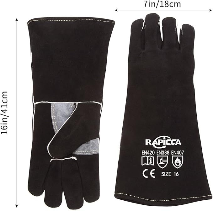 RAPICCA Welding Gloves 16IN Heat & Fire Resistant Leather for Stick MIG TIG Flux-Core Welder, Forge, Blacksmith, Fireplace, Wood Stove, Fire Pit, Furnace, Dry Ice Handling ??Black ??662째F Protection