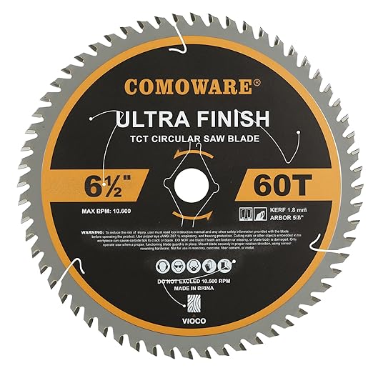 COMOWARE 6 1/2“ Circular Saw Blade, 60T ATB Circular Saw Blade, 5/8" Arbor, TCT Carbide-Tipped, Anti-Vibration, Teflon Anti-Stick, Miter Saws Blades for Wood, Laminate, Plywood & Hardwoods