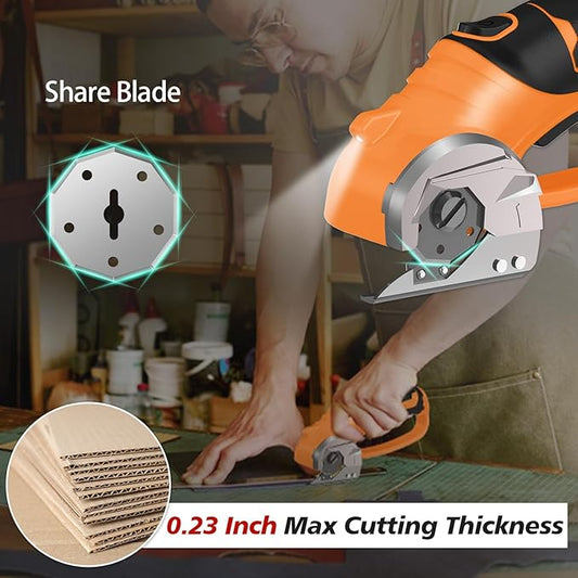 Cordless Electric Scissors, 4V Rechargeable Box Cutter & Cardboard Cutter with LED Light, Safety Lock - Rotary Cutter for Fabric, Leather, Carpet, Plastic, Crafting, Sewing with Storage Box (Orange)