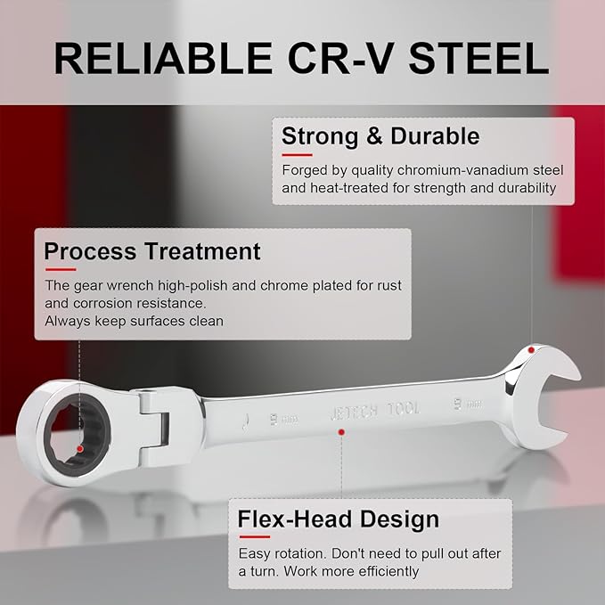 Jetech 9mm Ratchet Wrench Flex Head: Box End Wrench 12Pt| Metric Ratcheting Combination Chrome Vanadium,Forged, Extra Durability