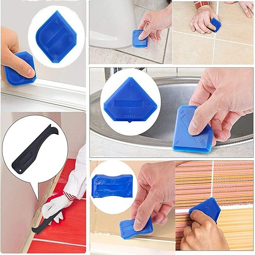 3 in 1 Silicone Caulking Tools竊늆tainless Steelhead竊? Sealant Finishing Tool Grout Scraper, Reuse and Replace 5 Silicone Pads, Great Tools for Kitchen Bathroom Window, Sink Joint