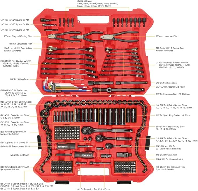 STARWORK TRUE MECHANIC??305-Piece Mechanics Tool Set, 120T SAE&Metric Reversible Ratcheting Wrench, Professional