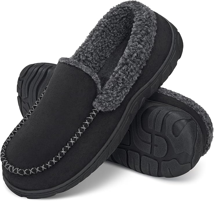ATHMILE Men's Moccasin House Slippers, Memory Foam Arch Support, Plush Fuzzy Lining, Non-Slip Rubber Sole for Indoor/Outdoor Winter Comfort