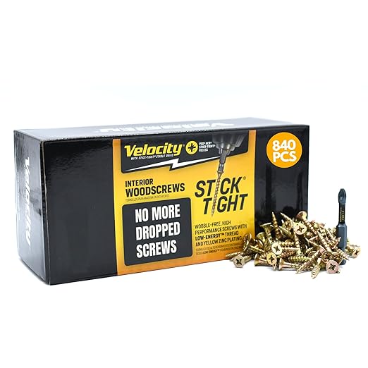Velocity Interior 1 Inch Wood Screws Contractor Pack (Size #8, 840 Pcs) ??Self Tapping Screws with Phillips Bits, Stick Tight Technology, Carbon Steel with Zinc Plating, Durable Storage Organizer