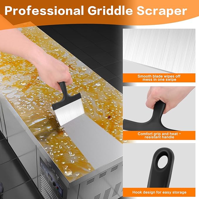 Heavy Duty Stainless Steel Grill Scraper, 3-in-1 Professional Griddle Scraper for Blackstone Grill Accessories with Comfort Grip Handle - for Flat Top Grill & Outdoor Barbecue Tools