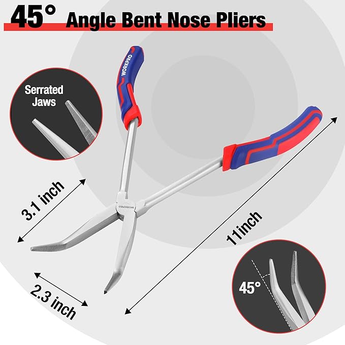 WORKPRO 3PC Long Reach Pliers Set, 11 Inch Extra Long Needle Nose Plier Set Includes Straight, 90째 & 45째 Bent Nose Plier, Pliers Tool Set for Narrow Spaces