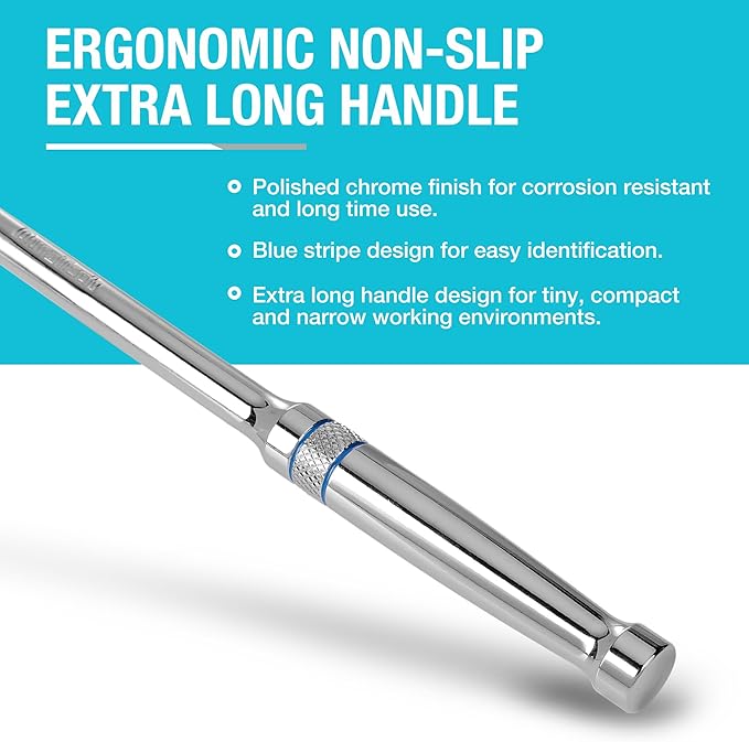 DURATECH Extra Long Handle 3/8-Inch Drive Ratchet, 90-Tooth Ratchet Wrench with 12" Handle and Dust Proof Teardrop Enclosed Head, Reversible, CR-V Steel Made, CR-MO Head, Full Polished, Gifts for Men