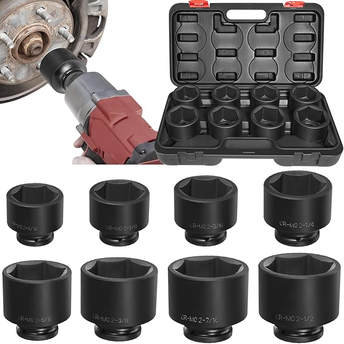 3/4'' Drive Spindle Axle Nut Impact Socket Set, 8 Pack Large Impact Socket Set, Axle Nut Socket Set, 6 Point SAE Size 2-1/16" to 2-1/2", For Wheel Hub Axle Nut Removal and Installation