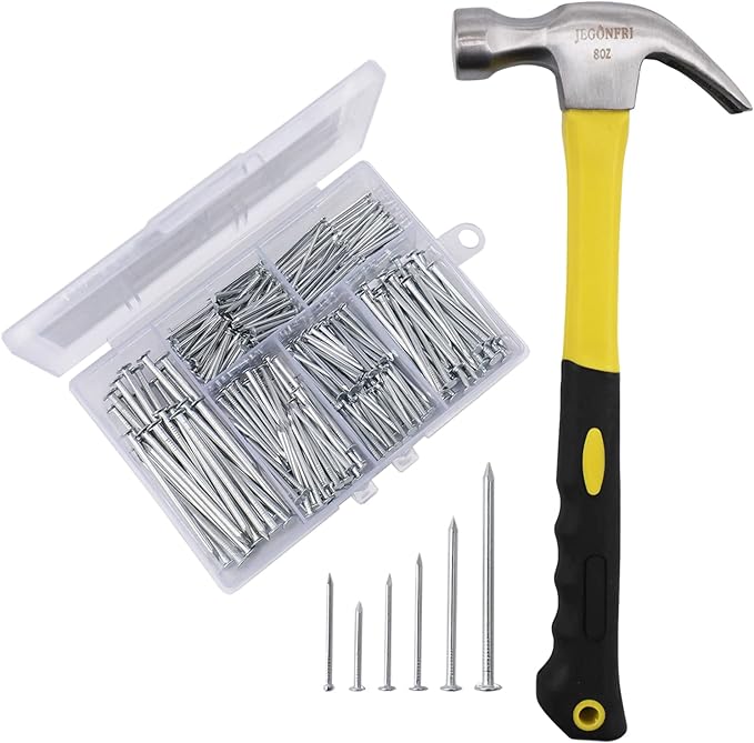 376pcs Hardware Assortment Kit with 2" Nails & 8oz Claw Hammer for Hanging Pictures, Finishing, Wall, Small, Wood Nails and Hammer