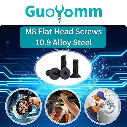 M8-1.25 x 100mm 10PCS Flat Head Hex Socket Cap Screws, Countersunk Bolts, 10.9 Grade Alloy Steel, Black Oxide Finish, Metric Allen Drive, Fully Threaded