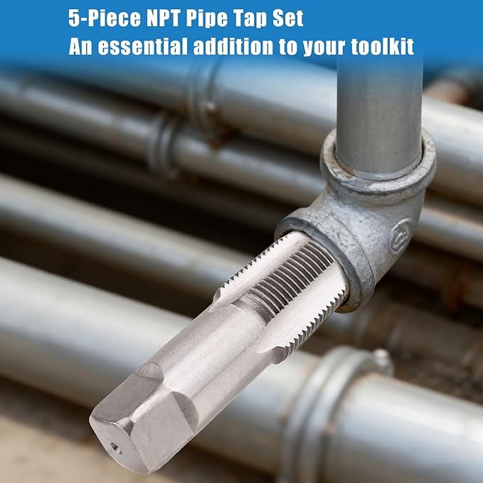 5-Piece NPT Pipe Tap Set, NPT Tap and Die Set with 1/8", 1/4", 3/8", 1/2" and 3/4" Sizes ??Carbon Steel Hand Threading Tool for Plumbing, Mechanics, DIY Tasks, Delivers Clean Accurate Threads