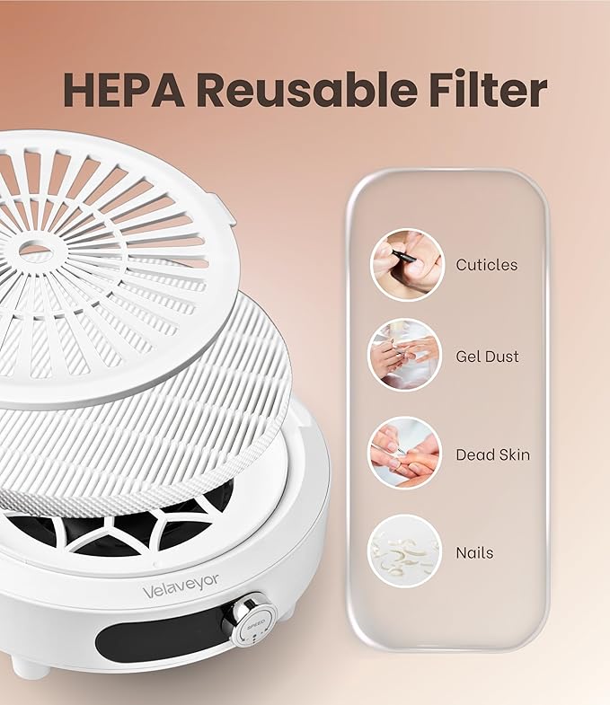 Nail Dust Collector, Rechargeable & Cordless 3800 RPM Low Noise Nail Vacuum Fan with LED Display, Adjustable Speed, Reusable Filter, 30 Pcs Paper, for Acrylic Nails, Salon & Home Use, White