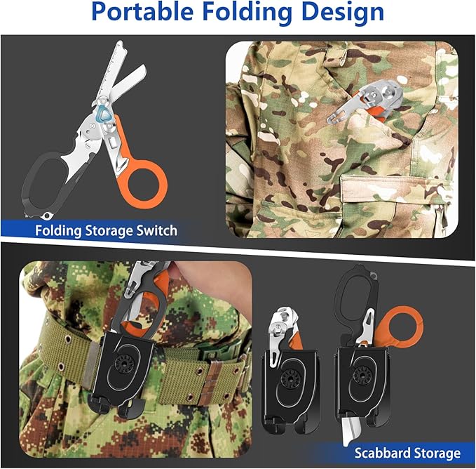 6 In 1 Multi-function Trauma Shears Foldable with Compatible Holster and Penlights,Emergency Trauma Shears with Strap Cutter and Glass Breaker for Outdoor Medical Scissors Tools Black+Orange