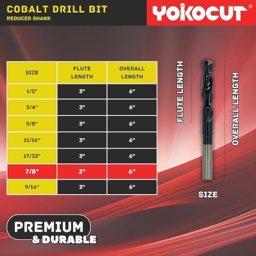 7/8 Inch Cobalt Drill Bit | Reduced Shank High Speed Steel | 7/8 Drill Bit for Stainless Steel and Hardened Metal | HSS M35 Titanium Aluminum Nitride Coating with 1/2" Shank