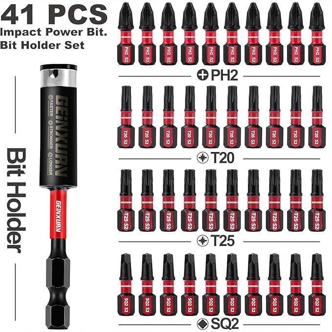 Impact Tough Phillips Square Torx 1 in. Insert Driver Bits, 41Pack T20/T25/PH2/SQ2 Screwdriver Power Bits Set with 1Pcs Impact Bit Holder