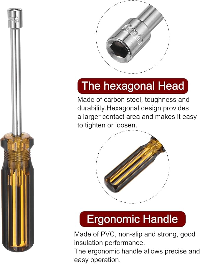 HARFINGTON Metric Hex Nut Screwdriver 6mm Carbon Steel Ergonomic PVC Grip Non-Magnetic Socket Wrench Screwdriver Hand Tool for Automotive Maintenance Home Improvement.